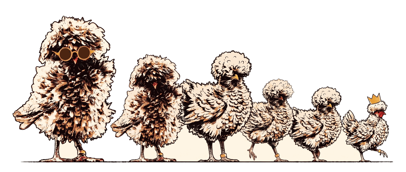 Zes getekende krulveren-kippen op een rij, van groot naar klein. De grootste draagt een ronde zonnebril, de kleinste een gouden kroontje.